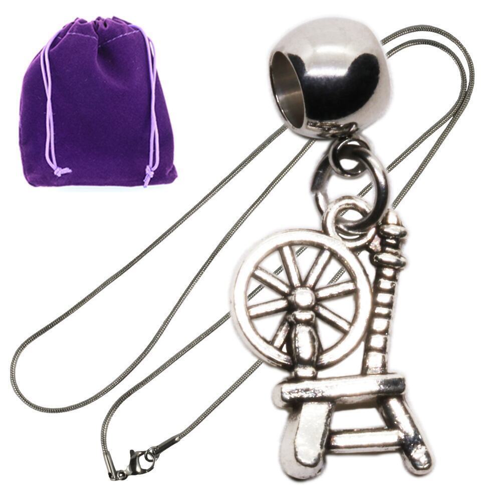 Spinning Wheel Charm Pendant Necklace, Silver Tone Chain Gift Yarn Crocheting